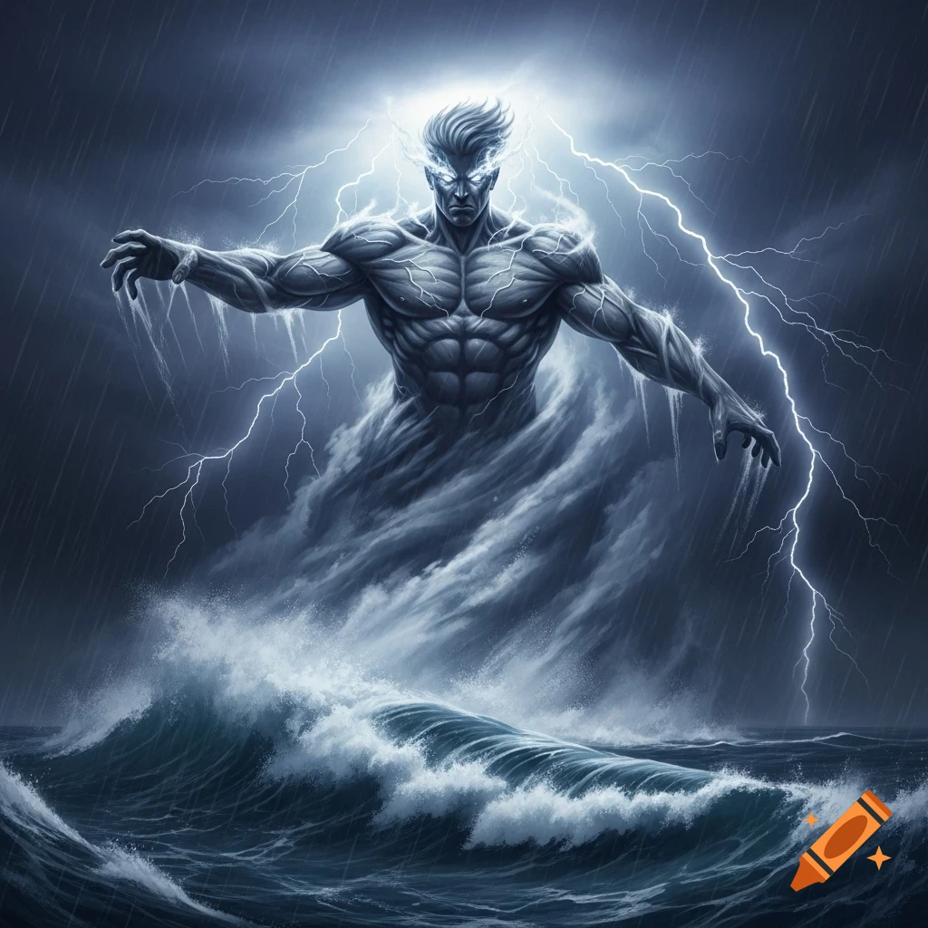 A powerful, muscular man with glowing eyes emerging from a stormy sea, surrounded by lightning and rain, in a fantasy art style.