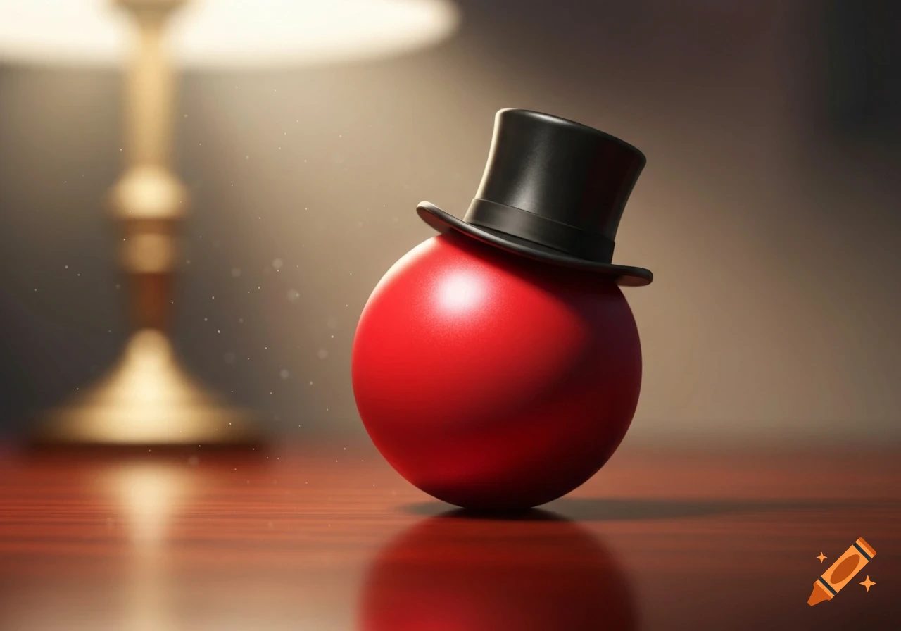 A glossy red ball wearing a black top hat sits on a reflective wooden table, with a blurred lamp in the background. Photorealistic 3D render.