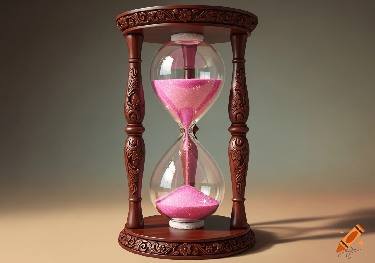 An ornate hourglass with a dark carved wooden frame and sparkling pink sand flowing through the glass bulbs.