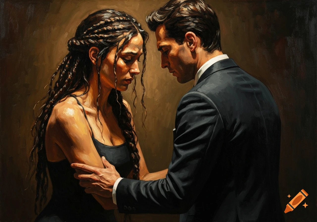 An emotional oil painting of a couple with chiaroscuro lighting. A man in a dark suit holds the arm of a woman with braided hair, both looking down.