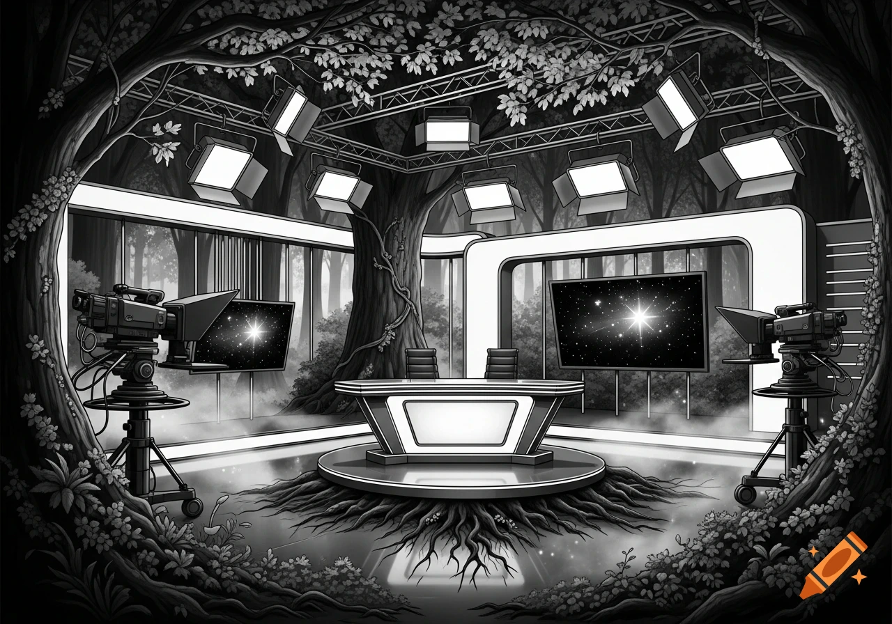 Black and white illustration of a modern TV studio desk and equipment set within a fantastical forest, framed by trees and roots.