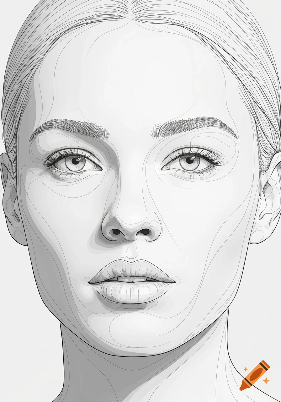 Detailed fine line drawing of a woman's face with a neutral expression.
