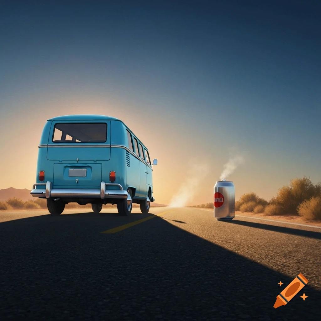 A blue vintage VW bus drives away on a desert road towards a smoking soda can at sunset.