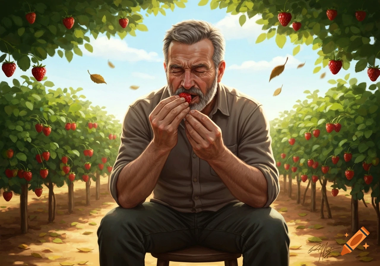 A bearded elderly man with closed eyes savoring a strawberry in a sunlit strawberry field. Painterly style.
