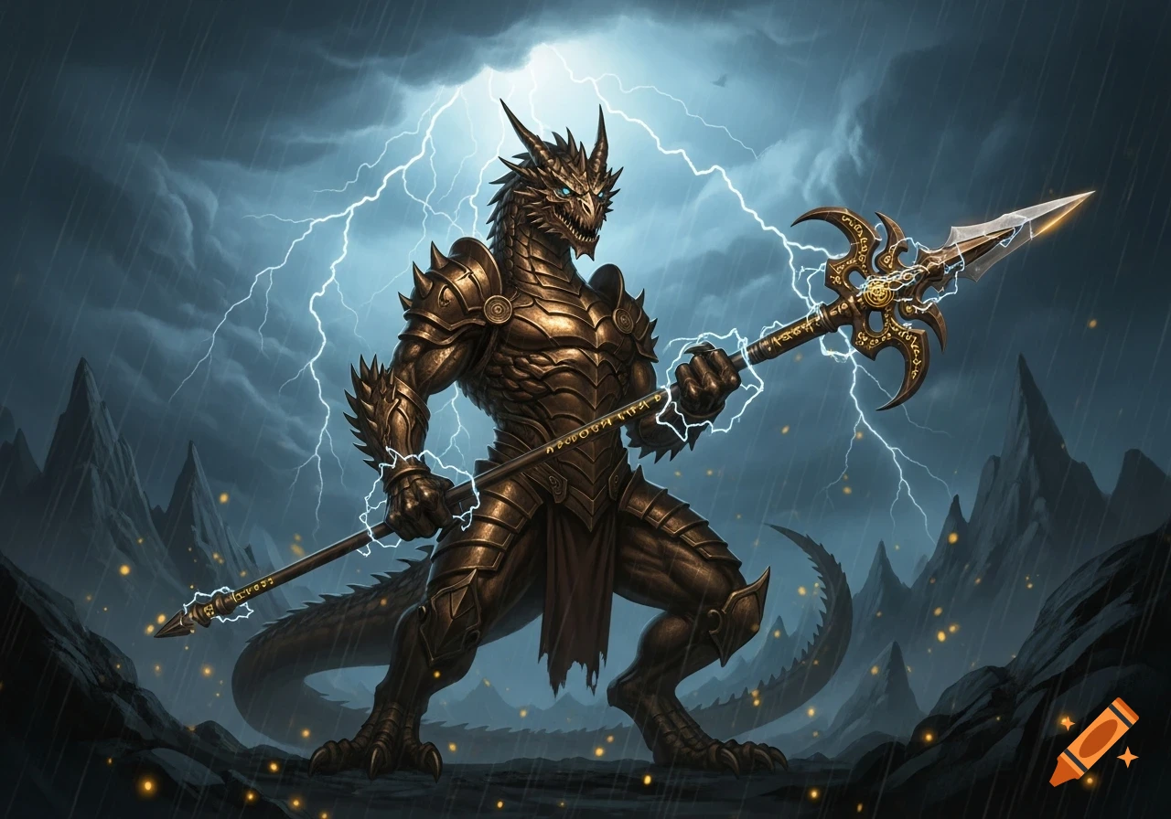 Bronze dragonborn warrior in ornate armor wields a lightning spear amidst a stormy, rain-swept mountain landscape.