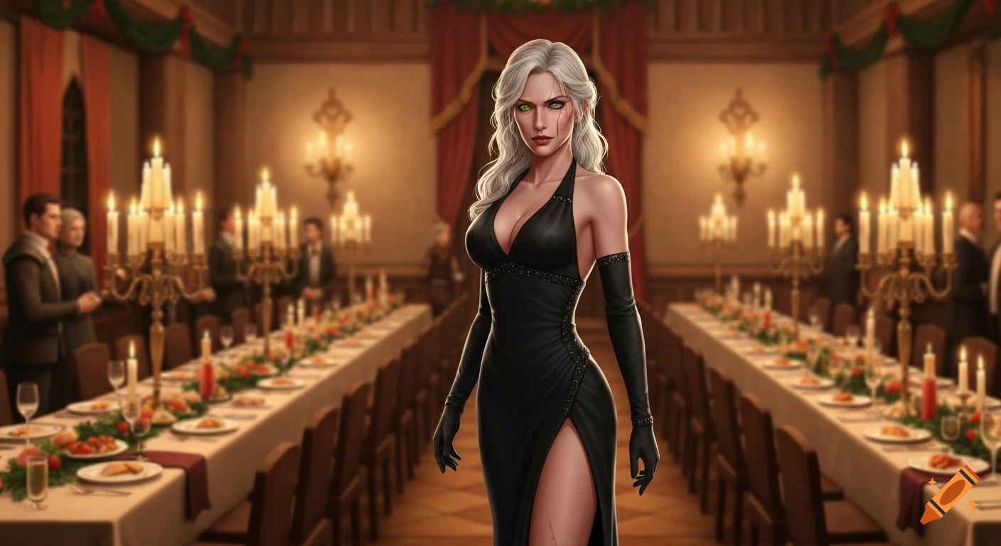 Ciri from The Witcher 3 in a black evening gown with a high slit, standing confidently in an elegant, candlelit banquet hall.