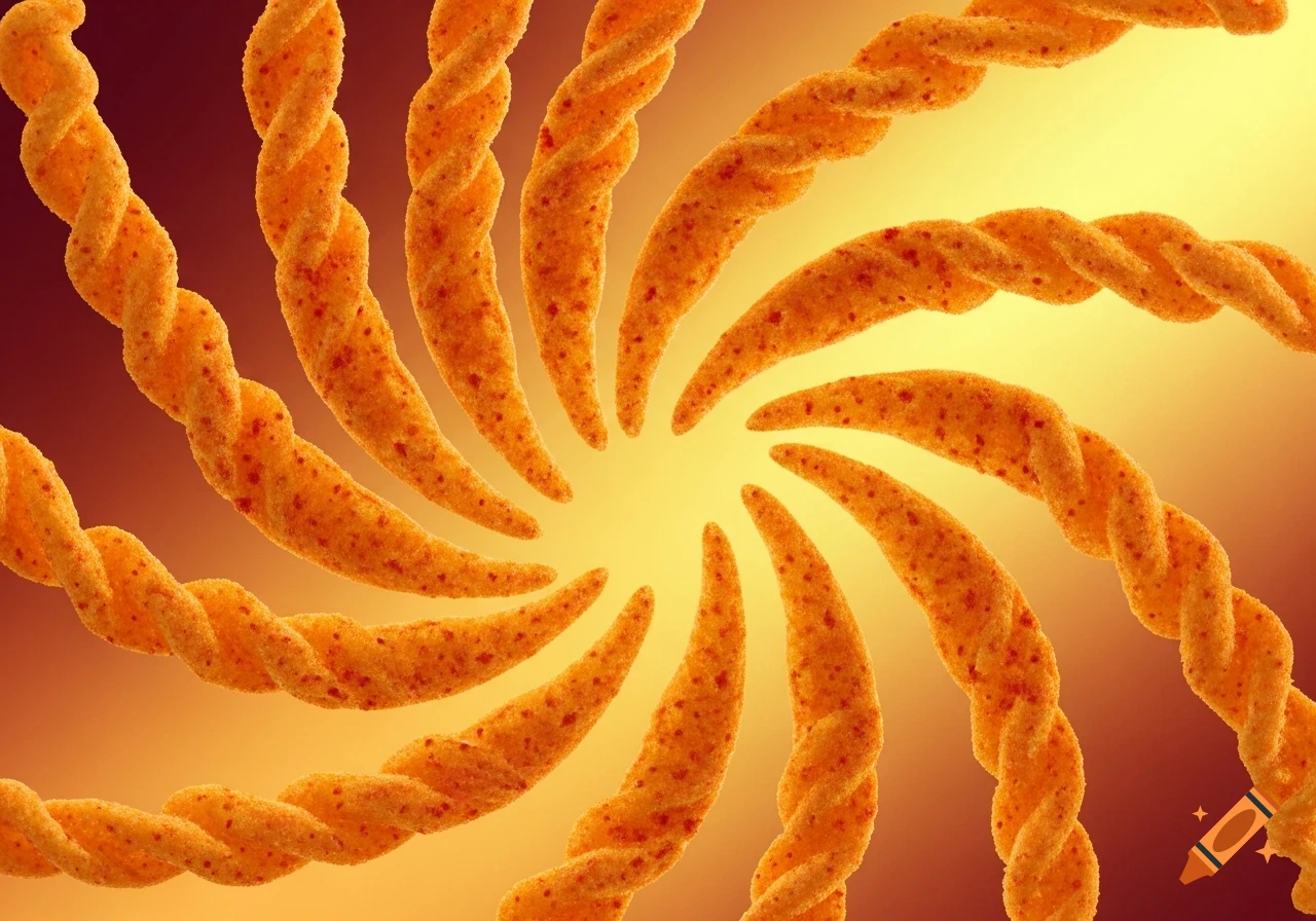 A spiral of twisted, orange, cheese-flavored snack items against a yellow and orange gradient background.