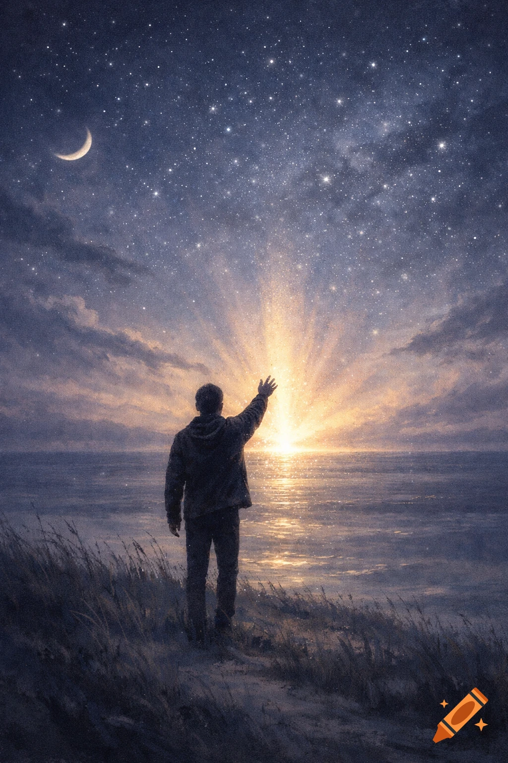 A person stands on a grassy dune, arm raised towards a brilliant sunrise over the ocean, under a starry night sky with a crescent moon. Painterly style.