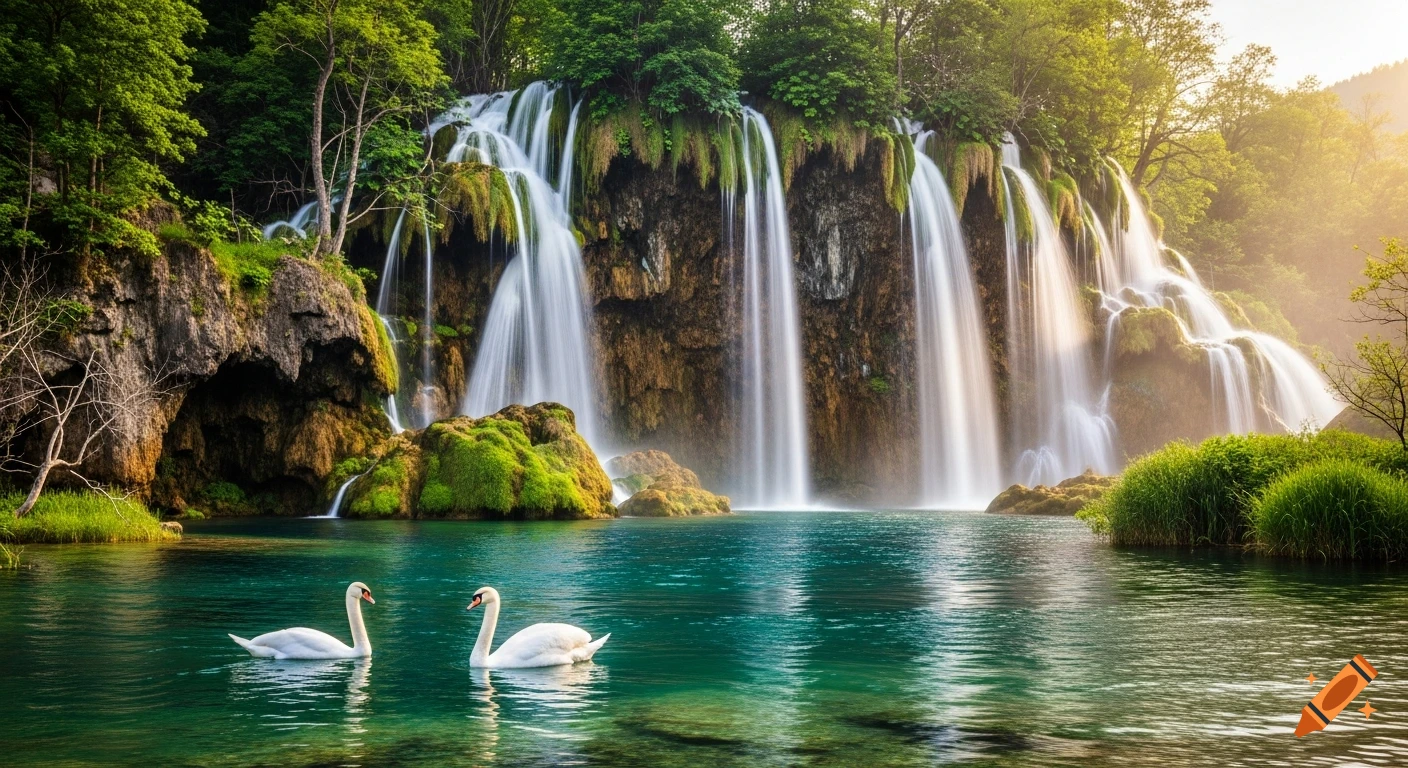 Two white swans swim in a clear turquoise lake with majestic waterfalls cascading down mossy rocks, surrounded by lush green trees under a sunset sky.