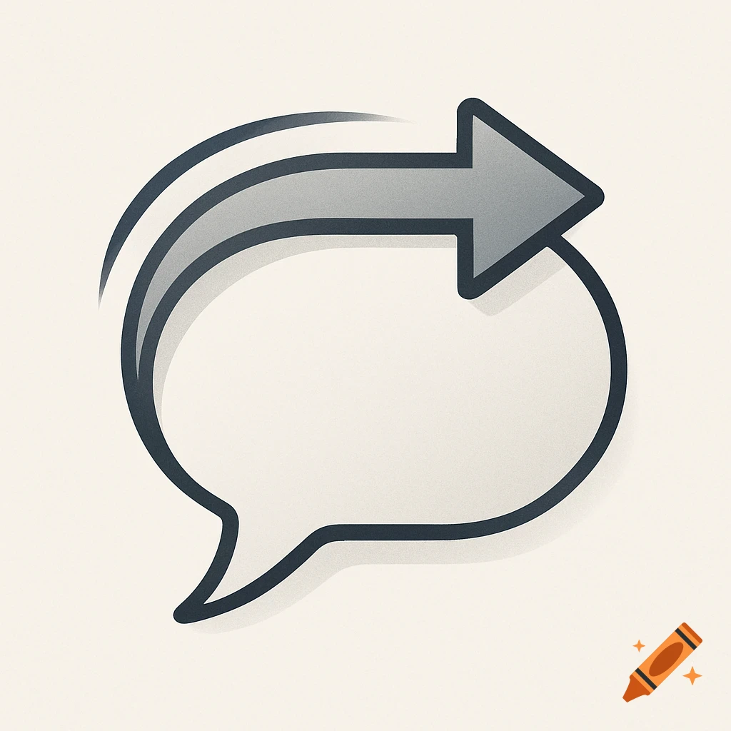 A white speech bubble with a dark outline, and a gray arrow curving over it, pointing right. Icon style.