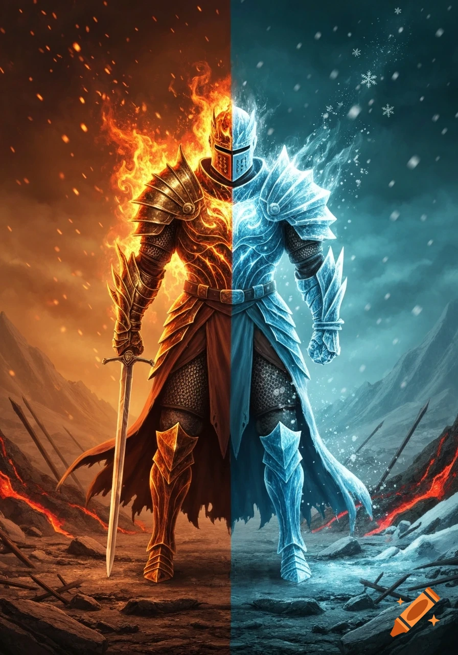 A fantasy knight stands split down the middle; one half is engulfed in fire with a molten landscape, the other is icy with a snowy scene, holding a sword.