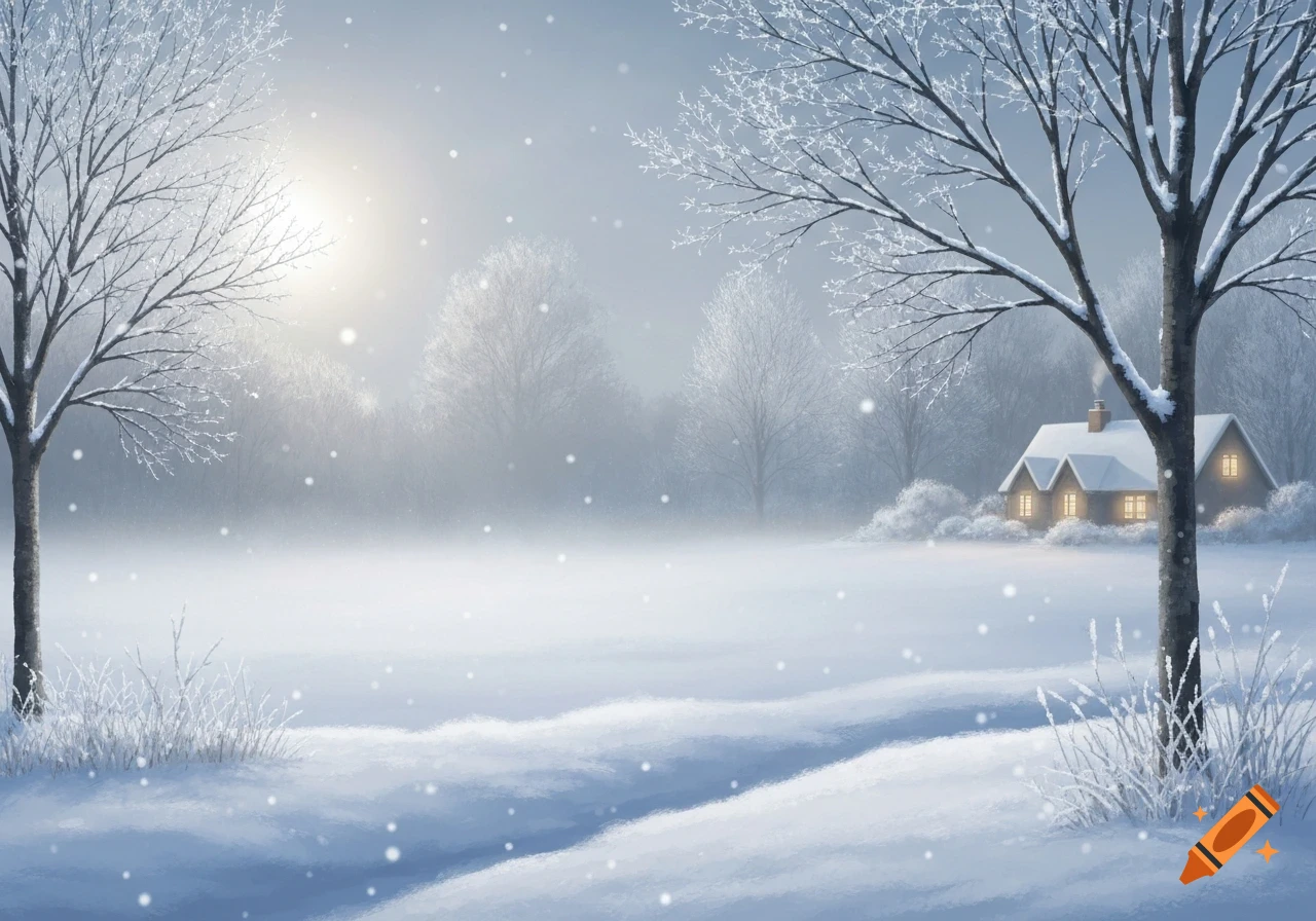 A serene snowy winter landscape with frost-covered trees, falling snow ...