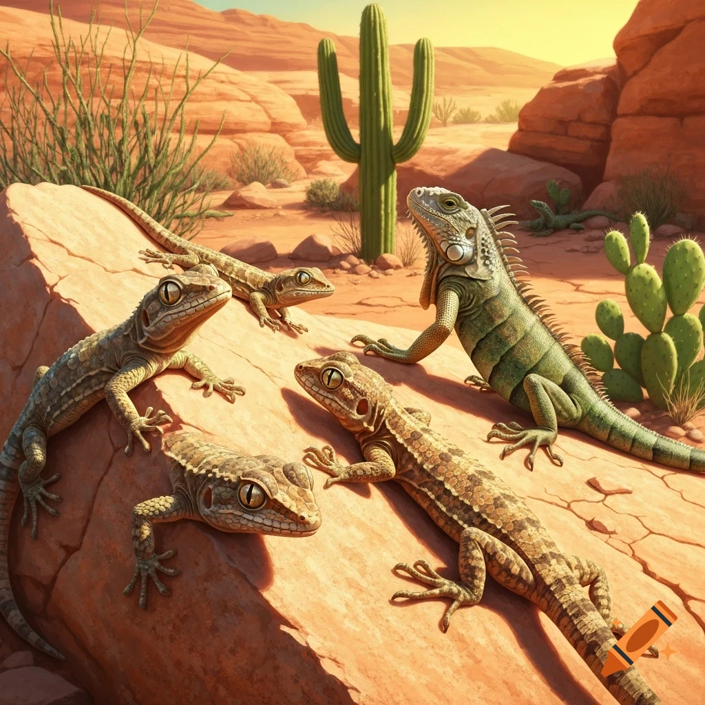 Four lizards, including a large green iguana, rest on a sunlit rock in a desert landscape with cacti and red rock formations.