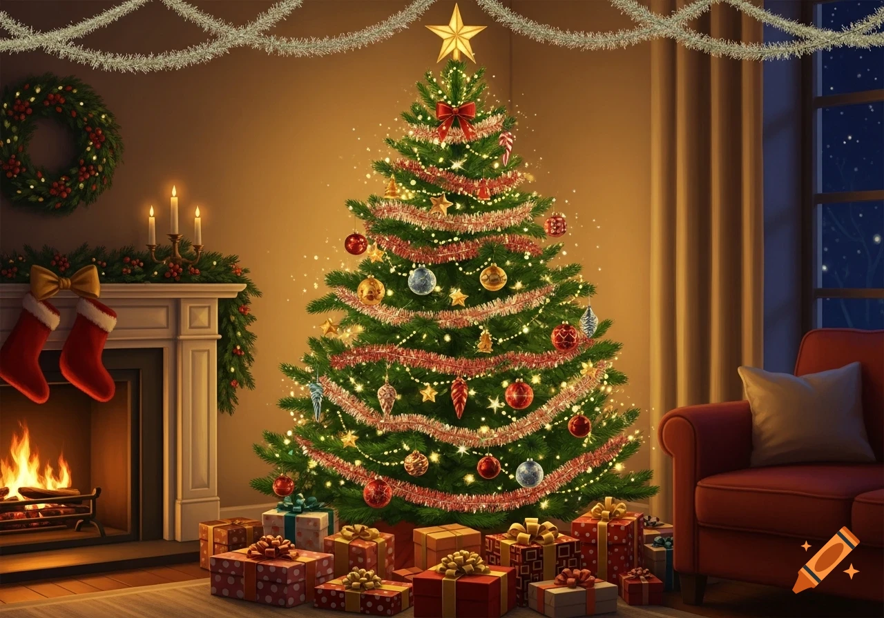 A festive living room with a brightly lit Christmas tree, a fireplace with burning logs and stockings, and numerous wrapped presents.