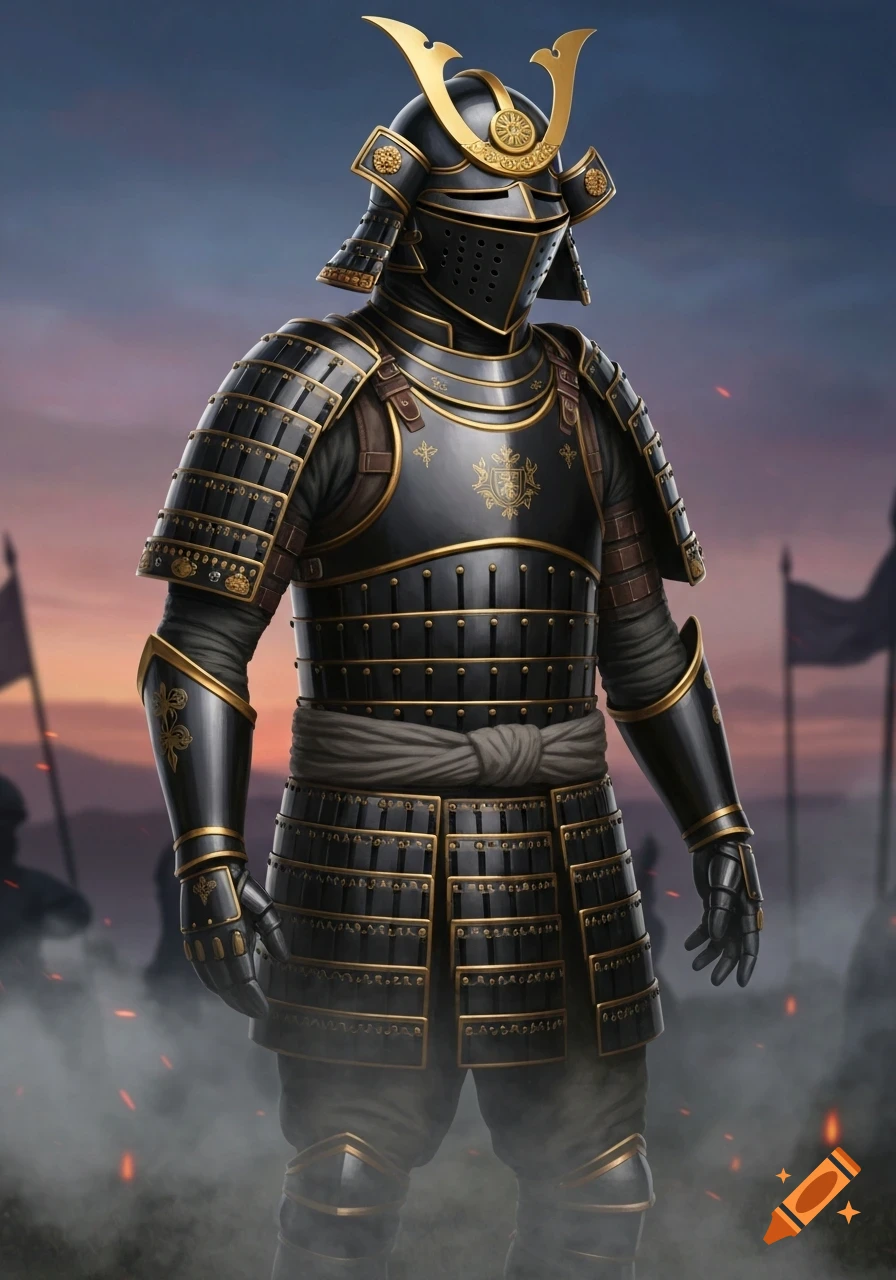 A warrior in black and gold hybrid samurai and knight armor stands on a smoky battlefield at sunset.