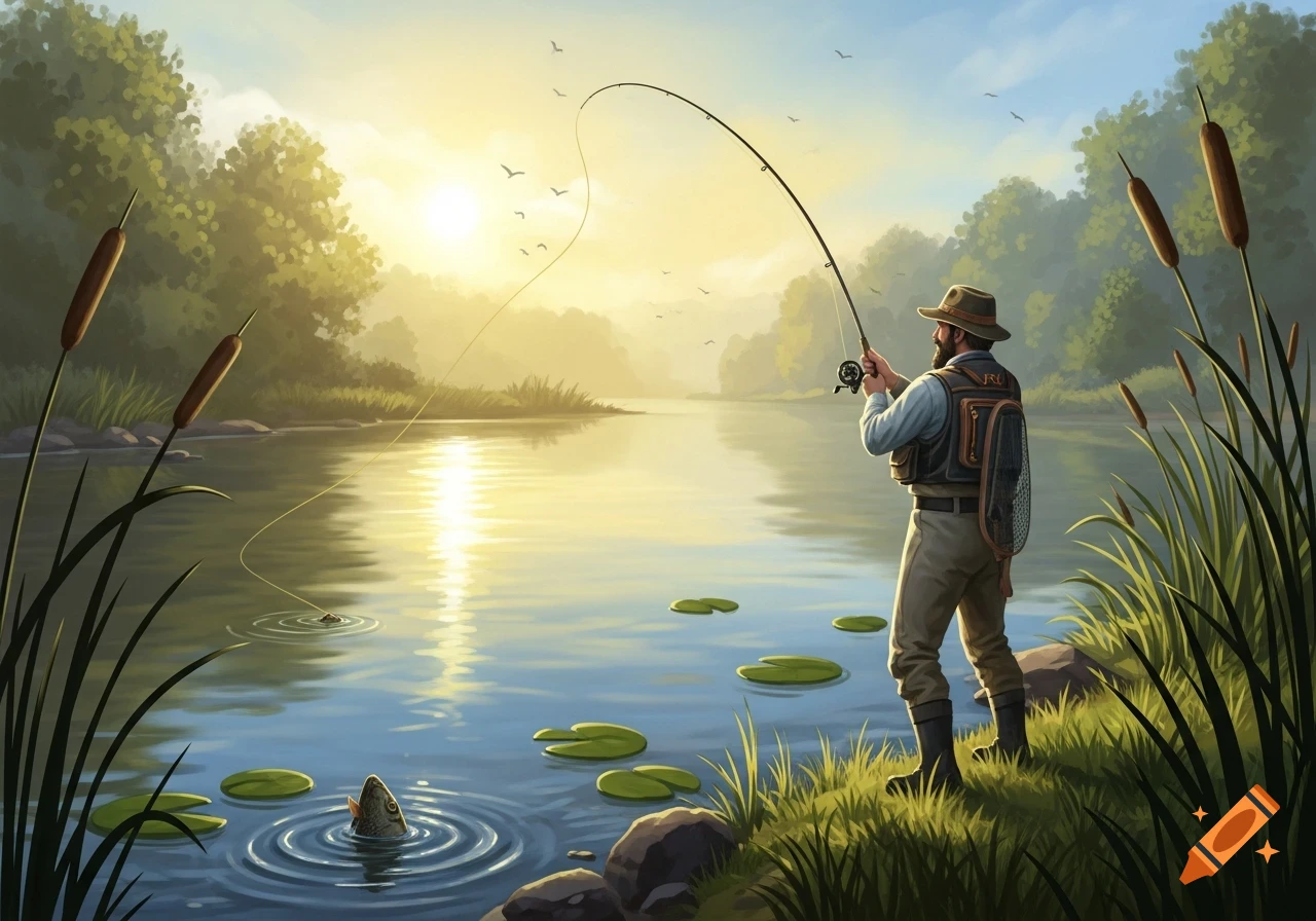 A man in a hat and vest casts a fishing rod into a tranquil lake at sunrise, as a fish jumps for the lure.