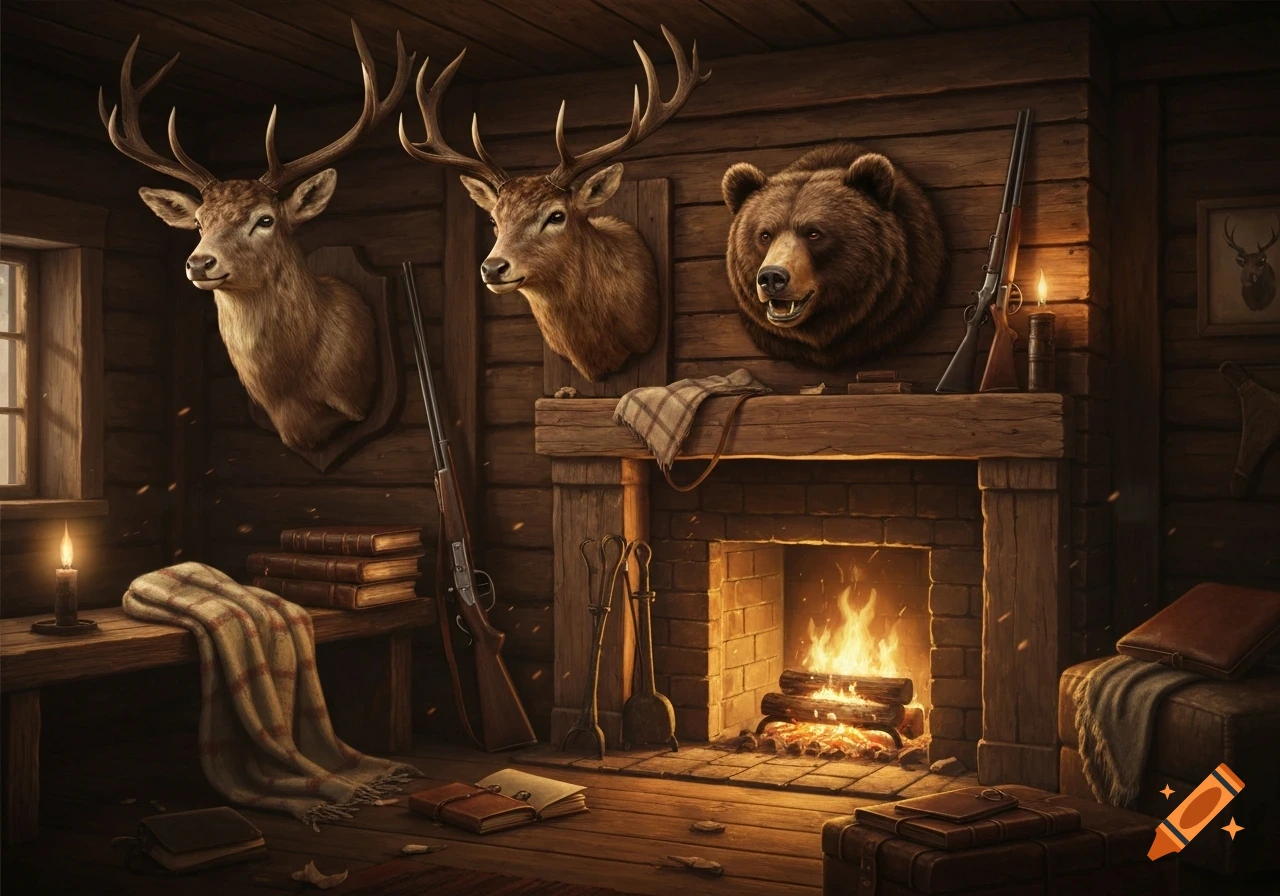 Photorealistic hunting cabin interior with deer and bear taxidermy mounts, rifles, a lit fireplace, books, and blankets.