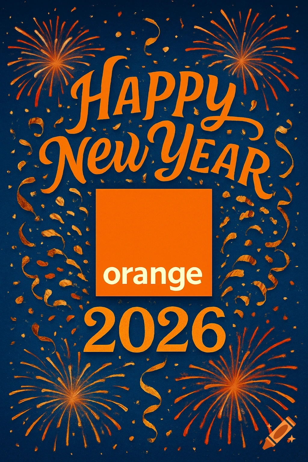 A dark blue background with orange "Happy New Year 2026" text, an orange square with "orange" in white, and orange fireworks and confetti.