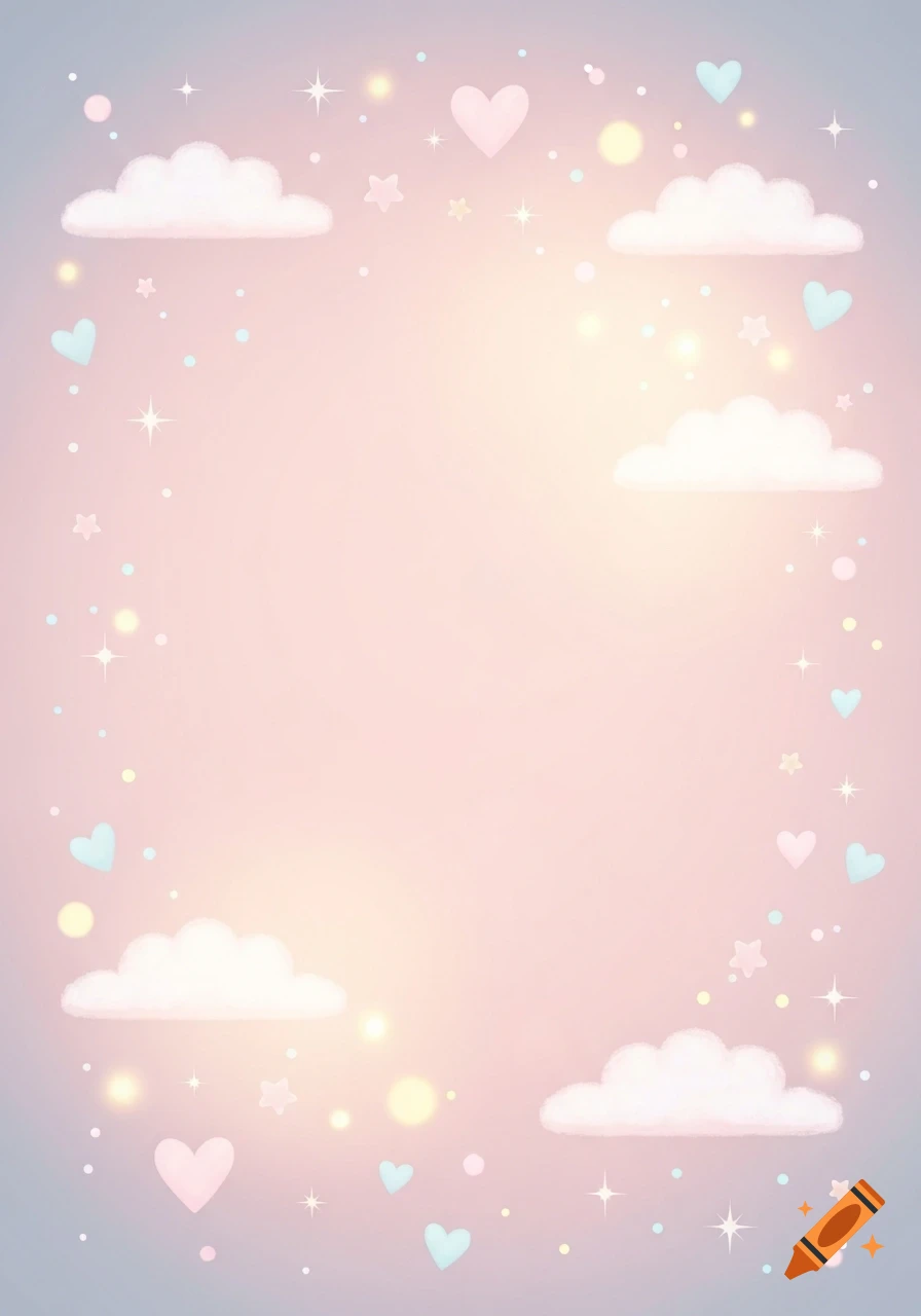 Pastel background with clouds, hearts, stars, and sparkling lights in a cute, dreamy style.