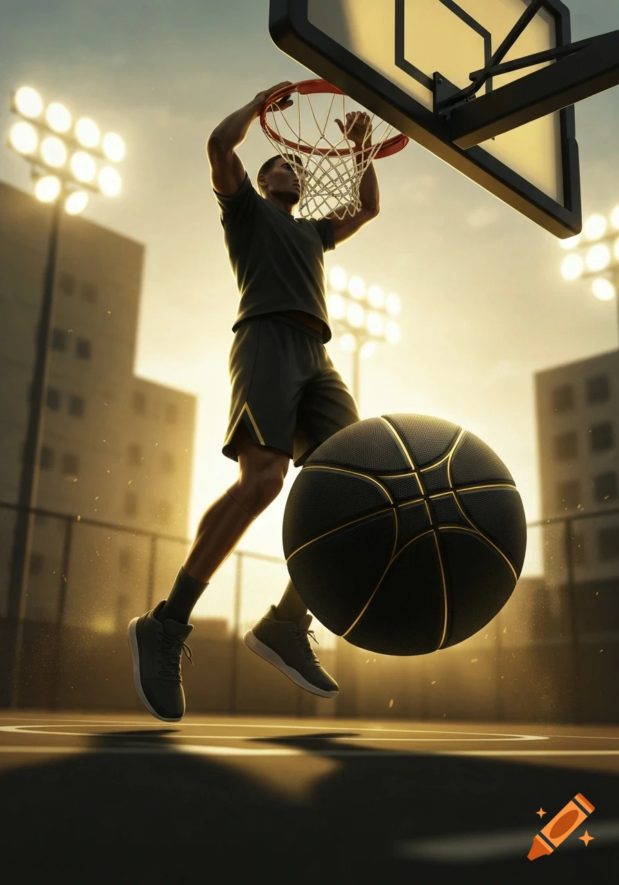 A basketball player in black uniform dunks a large black and gold basketball on an outdoor court at sunset, under stadium lights.