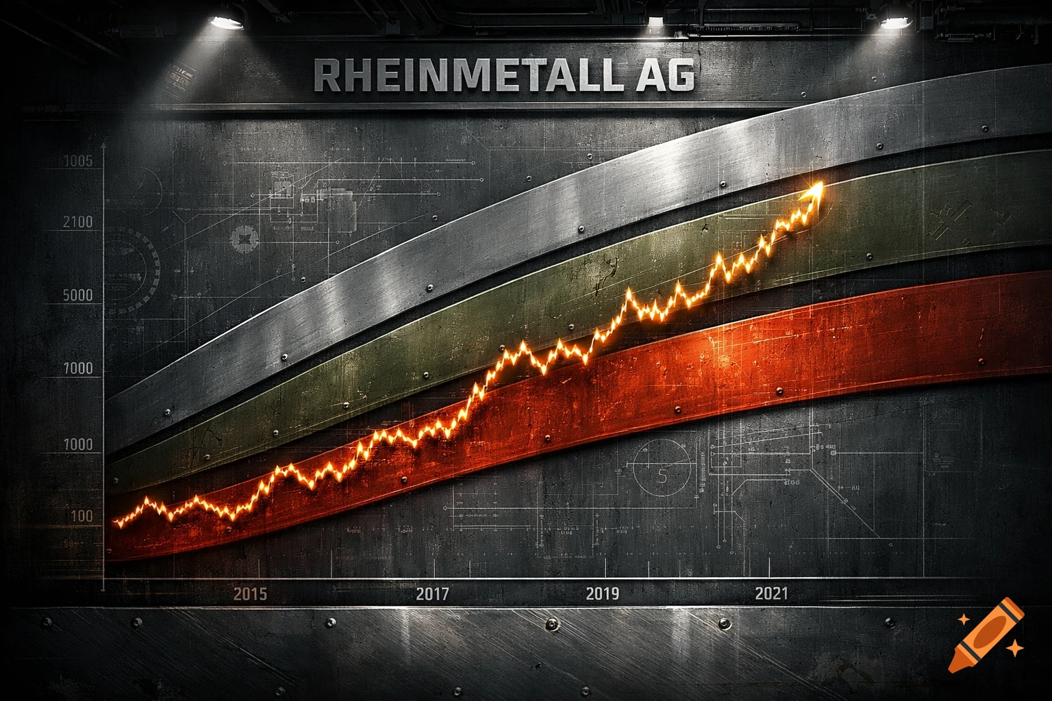 A financial chart for Rheinmetall AG showing an upward trend from 2015 to 2021 with a glowing orange line on a dark, metallic background.