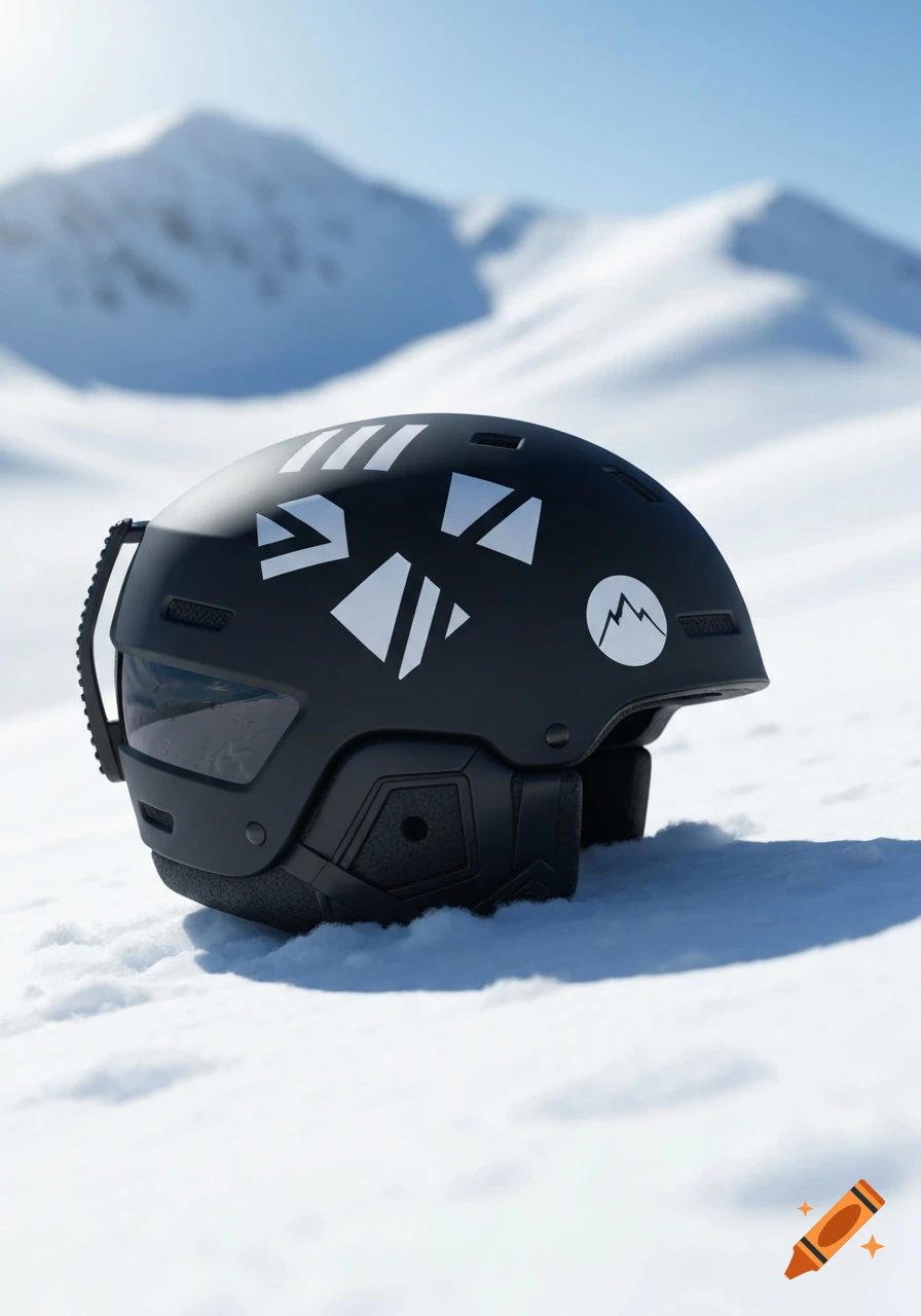 A black ski helmet with white abstract stickers rests in the snow, with blurry snowy mountains in the background under a blue sky.