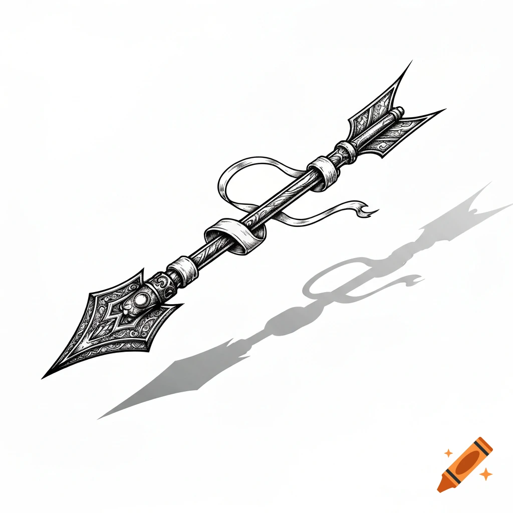 Ornate black and white fantasy arrow with a ribbon, casting a shadow on a white background.