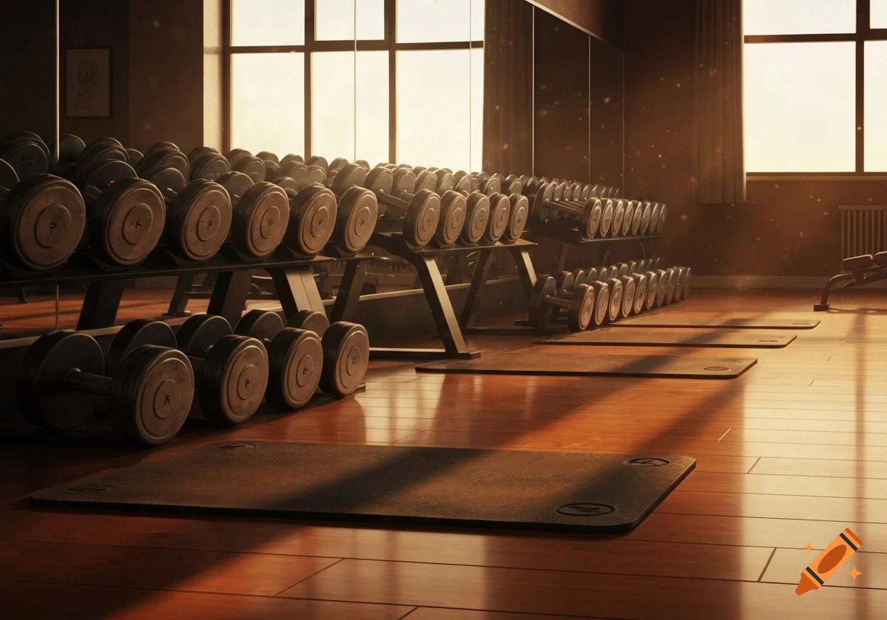 A sunlit gym with rows of dumbbells on racks, exercise mats on a polished wooden floor, and a weight bench in the background.