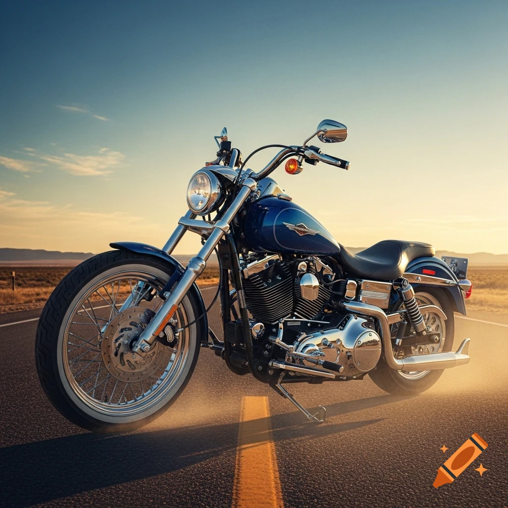 A blue Harley-Davidson motorcycle parked on an empty road with a yellow line at sunset, vast landscape in the background.
