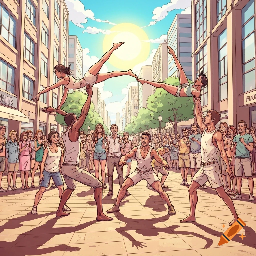 A group of athletic acrobats performing in a sunny city pedestrian zone, surrounded by a crowd of spectators, in a vibrant comic art style.
