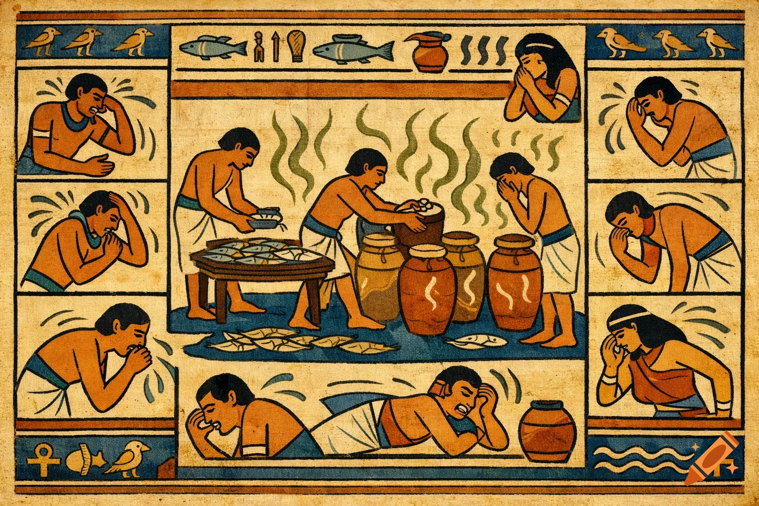 Ancient Egyptian hieroglyphic illustration of people fermenting fish, with some covering their noses from the smell.