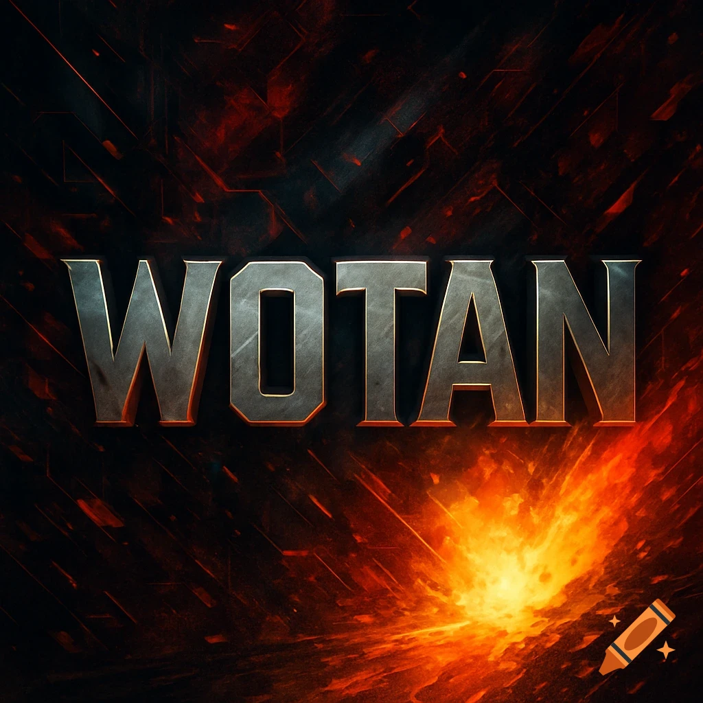 Metallic WOTAN text on a dark, angular background with red glow and a fiery orange explosion.