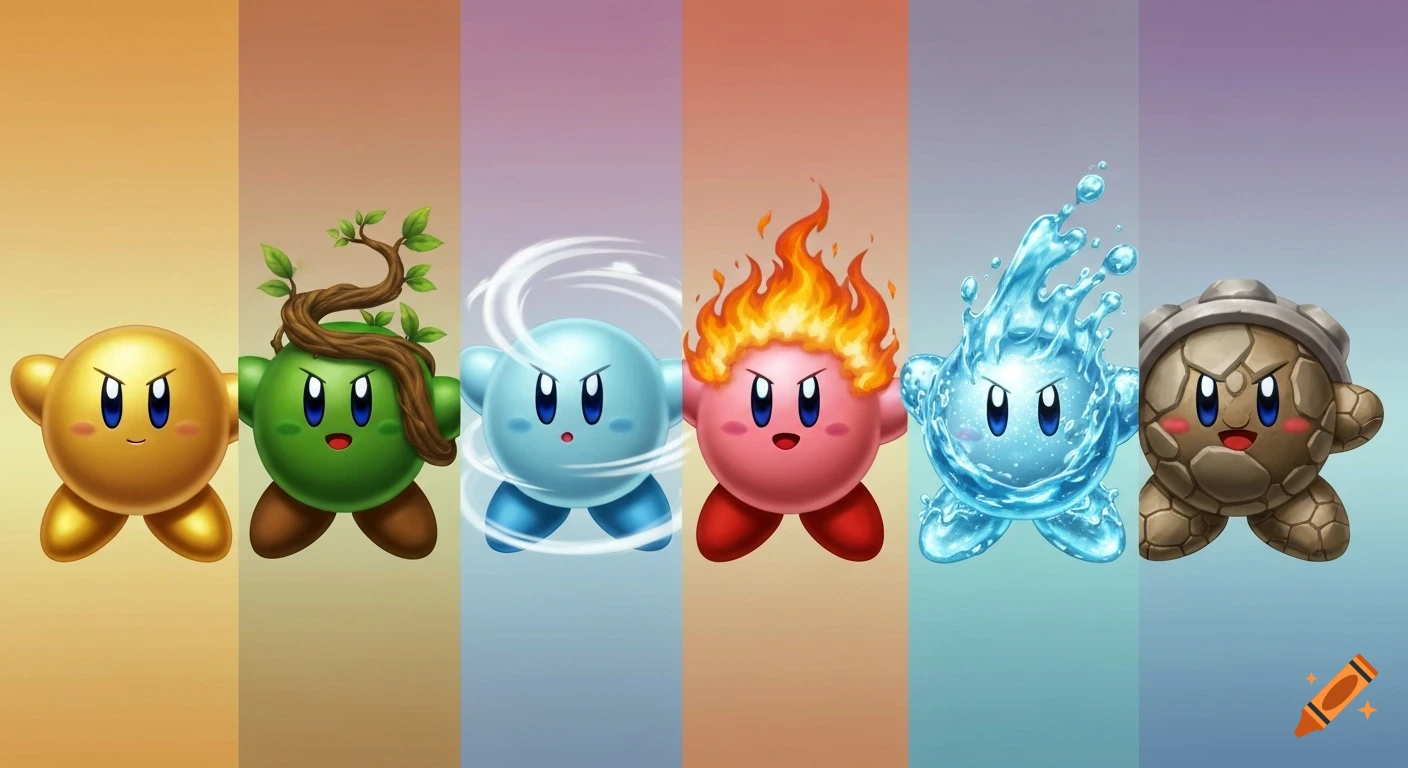 Six elemental Kirby variations, from left to right: gold, wood, wind, fire, water, and rock against a gradient background.