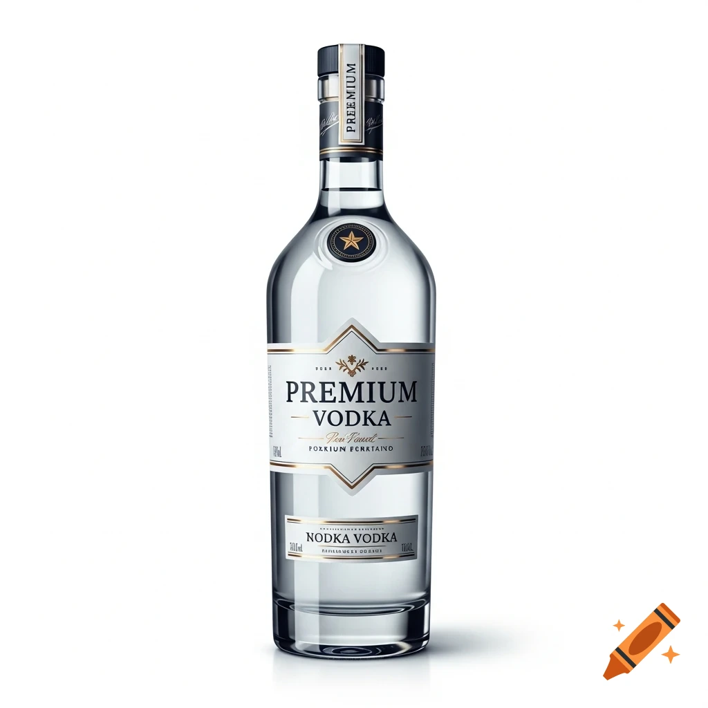 A clear glass bottle of premium vodka with a white and gold label, against a white background.