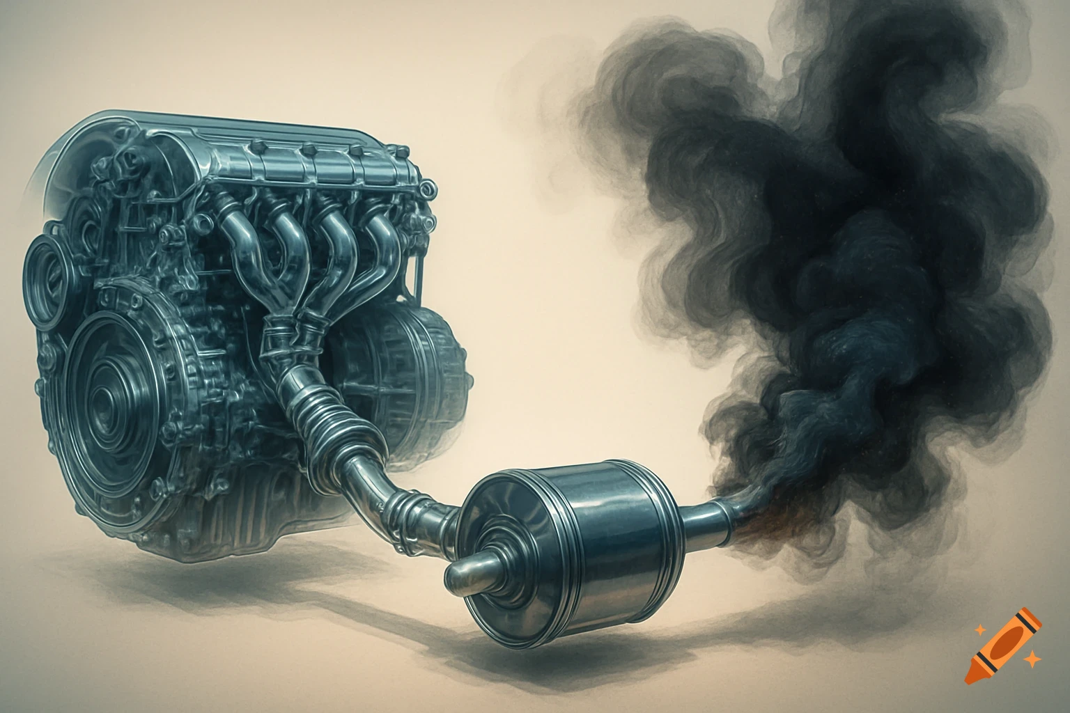 A detailed illustration of a transparent car engine with an exhaust pipe emitting a thick cloud of dark smoke.