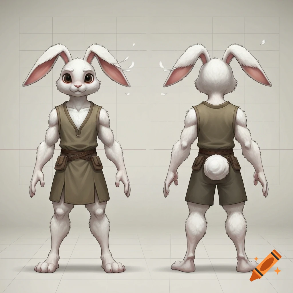 A white bunny furry humanoid character design with muscular arms, wearing a brown tunic and shorts, shown in front and back views.
