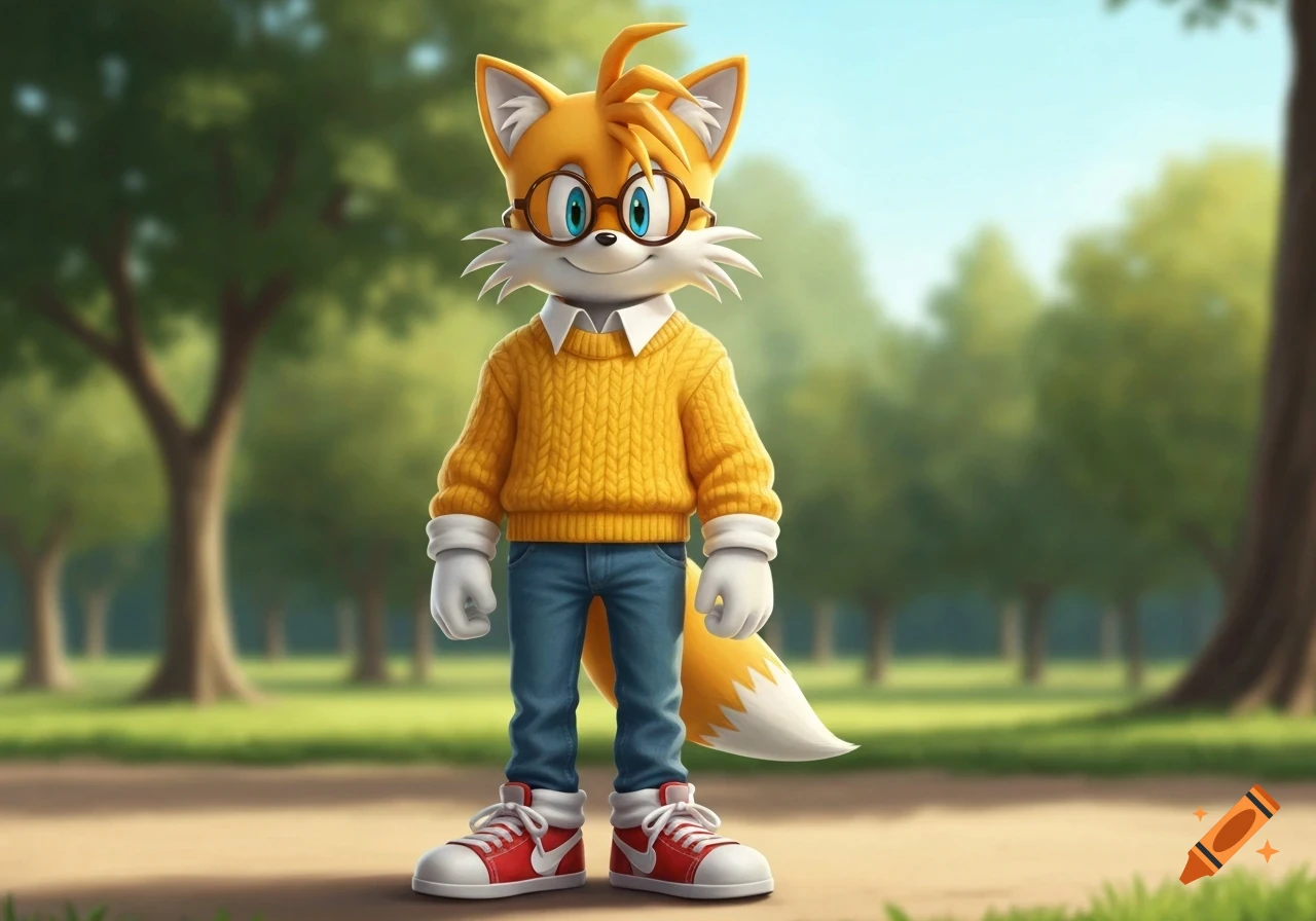 Tails from Sonic the Hedgehog wearing round brown glasses, a yellow sweater, blue jeans, and red/white sneakers in a park.