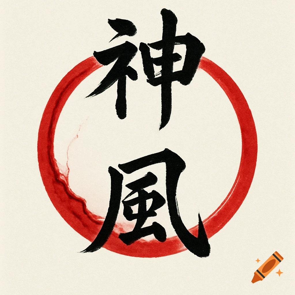 Black Japanese calligraphy characters for 'kami' and 'kaze' within a red brush-drawn circle on a cream background, in traditional style.