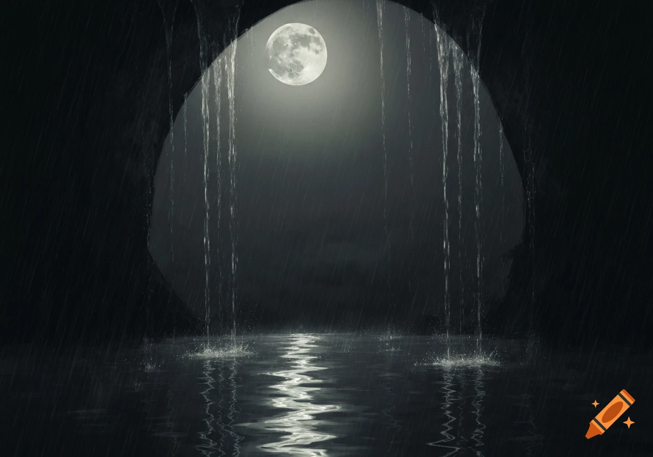 A full moon shines above a dark body of water with rain falling heavily, creating ripples and reflections, inside a cave-like opening.