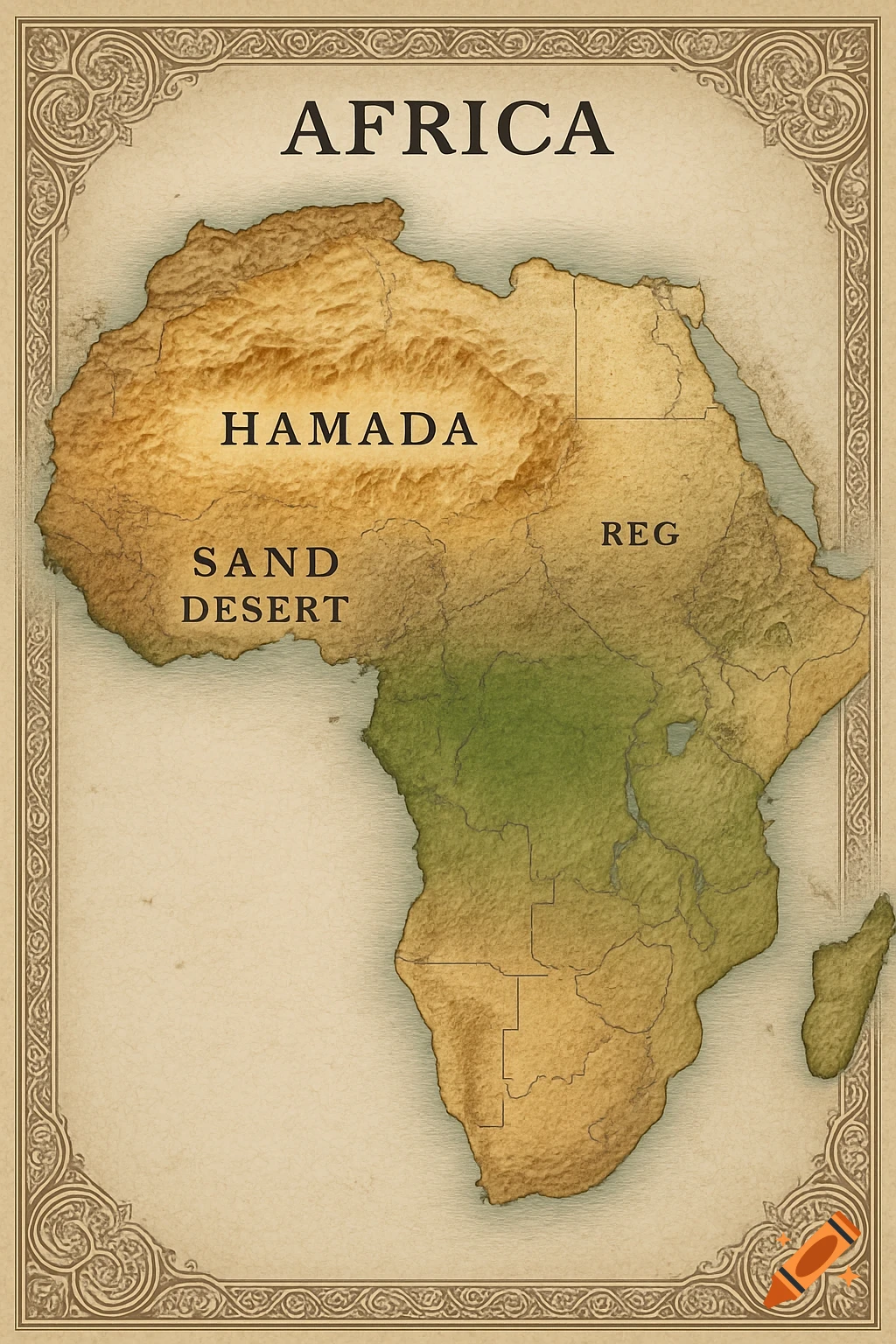 A stylized, old-world map of Africa showing desert regions like Hamada, Sand Desert, and Reg, within a decorative border.