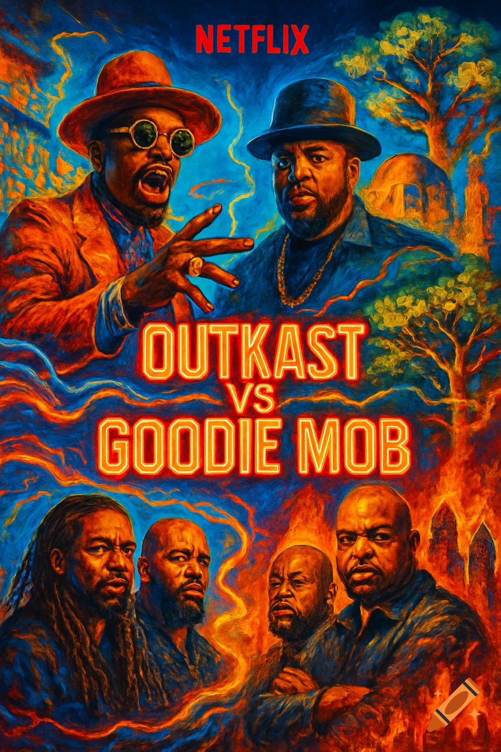 A vibrant, painted Netflix movie poster featuring stylized portraits of OutKast and Goodie Mob members against a fiery and smoky blue backdrop.