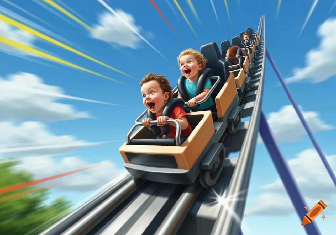 Cartoon illustration of happy children screaming on a rollercoaster, ascending a steep track under a blue sky.