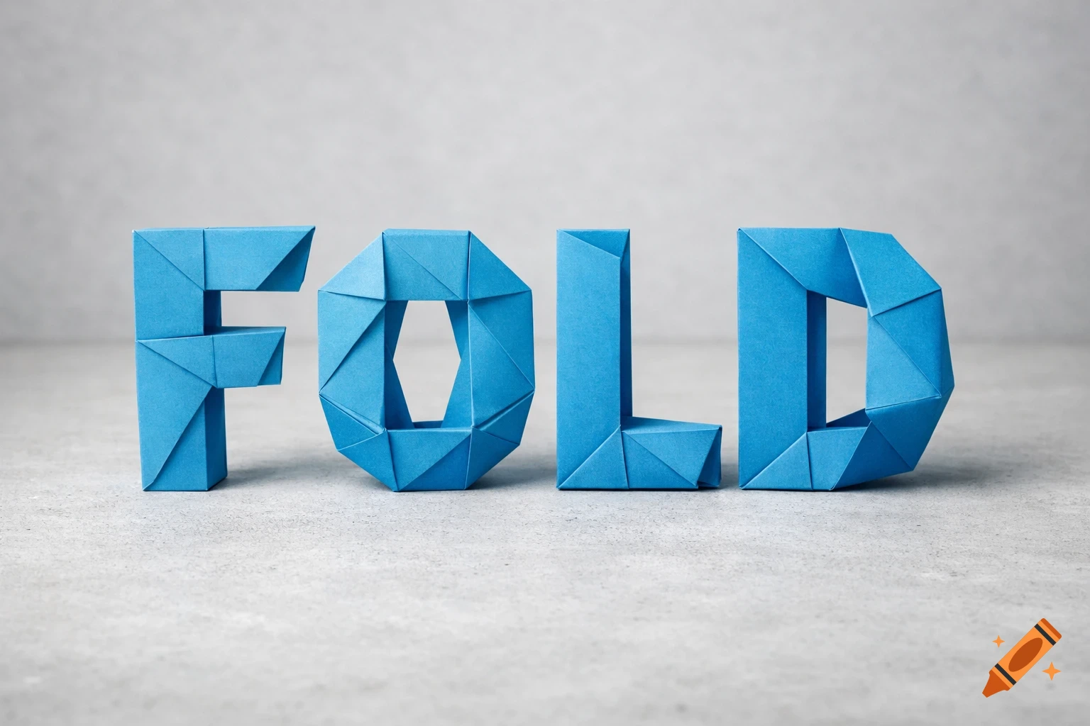 The word FOLD spelled out in blue origami paper letters on a concrete surface.