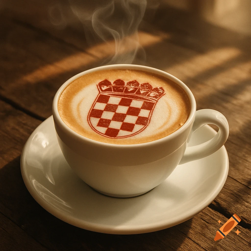 A white cup of coffee on a wooden table, featuring the Croatian coat of arms as latte art with steam rising.
