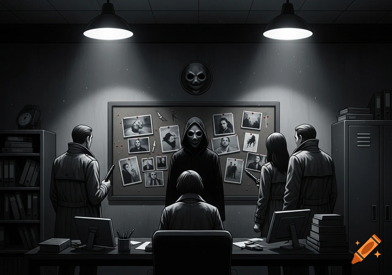 A masked figure in a dark room with four detectives examining a corkboard covered in photos and knives, in a stylized, noir illustration.