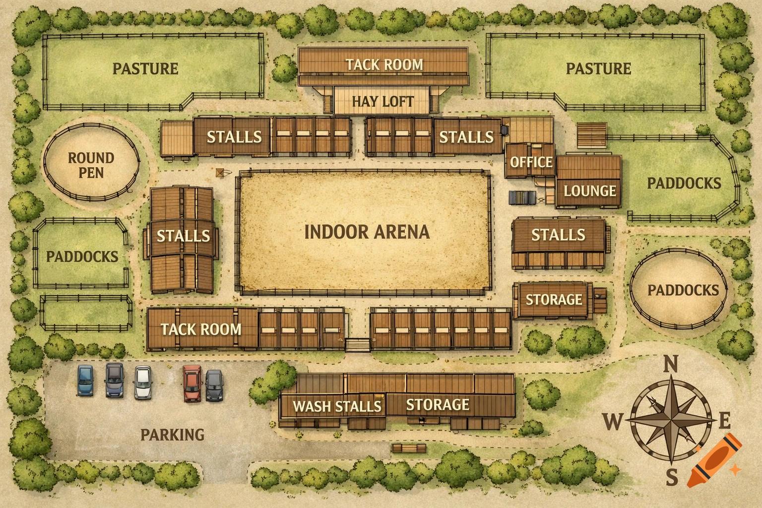 Overhead architectural map of a horse barn complex with pastures, stalls, an indoor arena, paddocks, and parking.