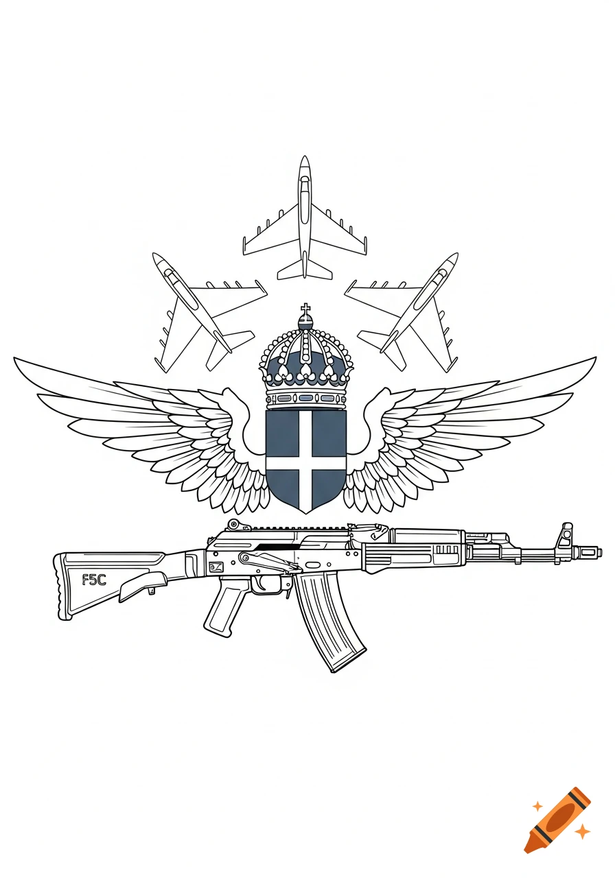 Black and grey line art tattoo design of an AK5C rifle with a Swedish Air Force emblem, stylized wings, and aircraft silhouettes.