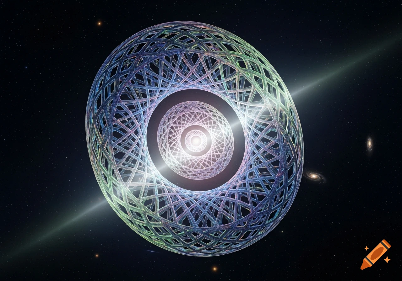 An intricate, glowing, interwoven ring-like geometric structure nested within a larger one, set against a dark starry space background.