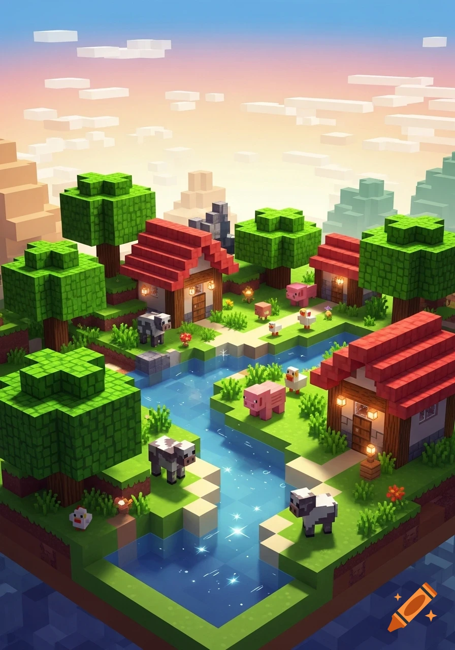 A miniature, blocky Minecraft village with houses, trees, a river, and farm animals under a vibrant, pixelated sky.