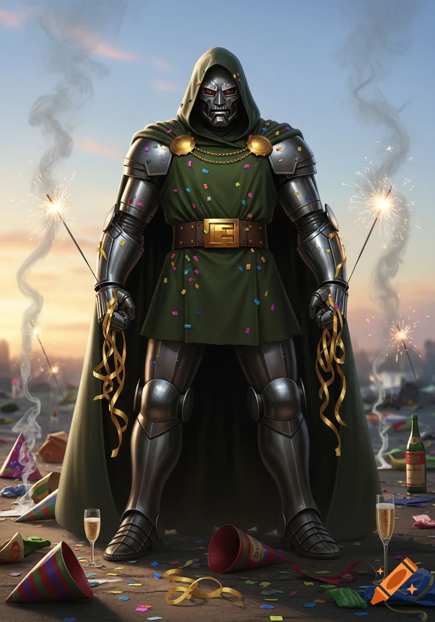 Doctor Doom in green and silver armor stands among party debris, holding sparklers and gold ribbons after a celebration.